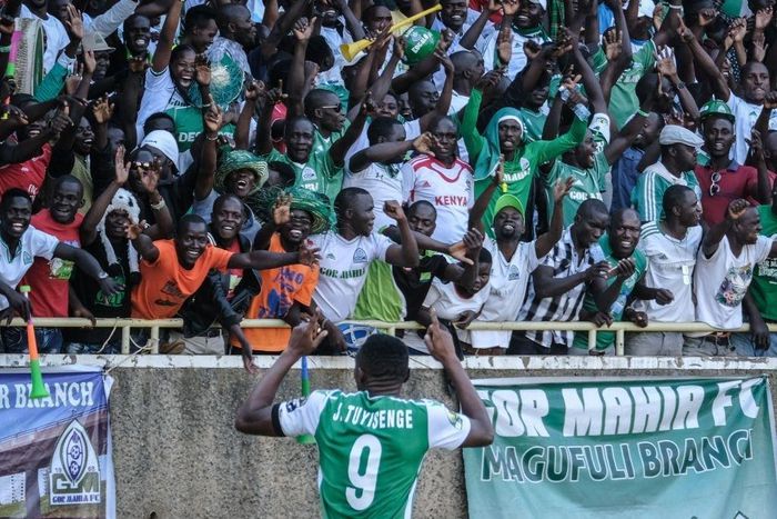 Former Gor Mahia player, Jacques Tuyisenge celebrates with supporters after scoring his first goal during their CAF Confereration cup football match against Egypt's Zamalek at The Kasarani Stadium in Nairobi on February 3, 2019. - Kenya's Gor Mahia won...