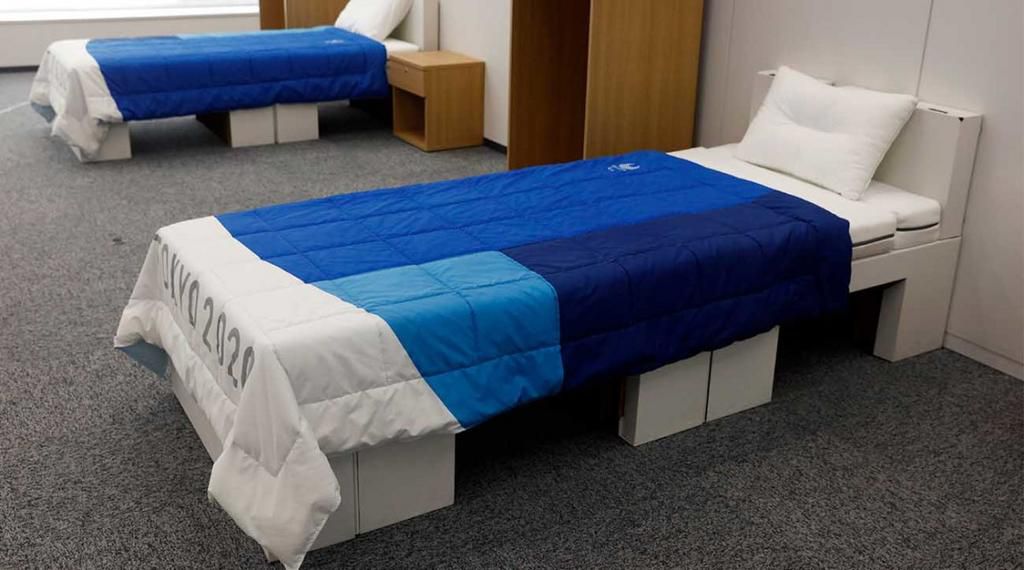 A recyclable cardboard bed and mattress for athletes are seen during a media tour at the Olympic and Paralympic Village for the Tokyo 2020 Games, constructed in the Harumi waterfront district of Tokyo, Sunday, June 20.Akio Kon/Pool via AP