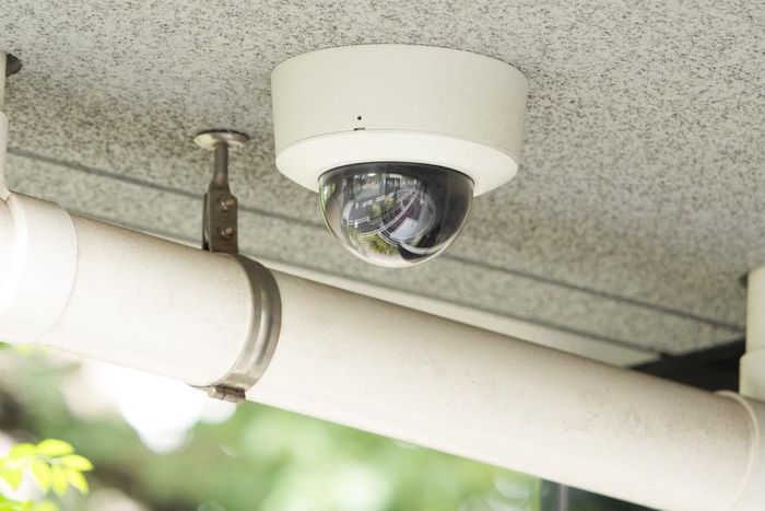 A CCTV camera mounted in a residential building