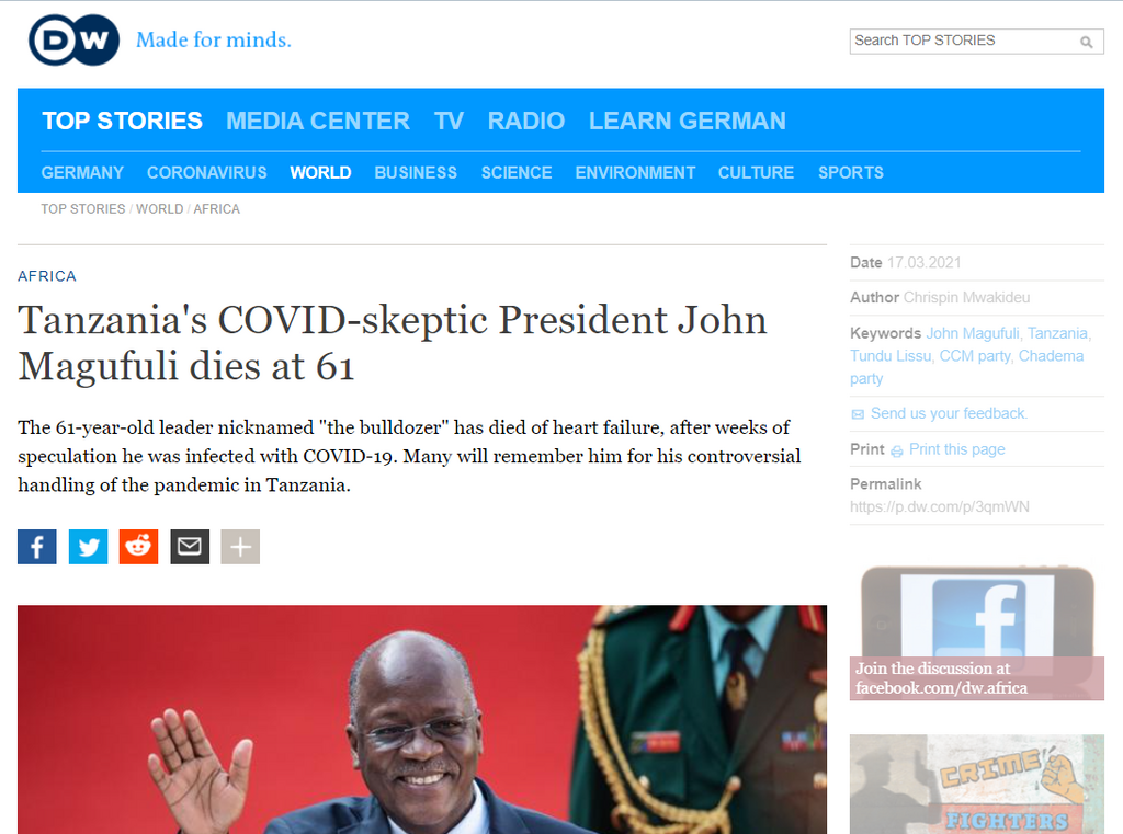 DW reports President John Pombe Magufuli's death