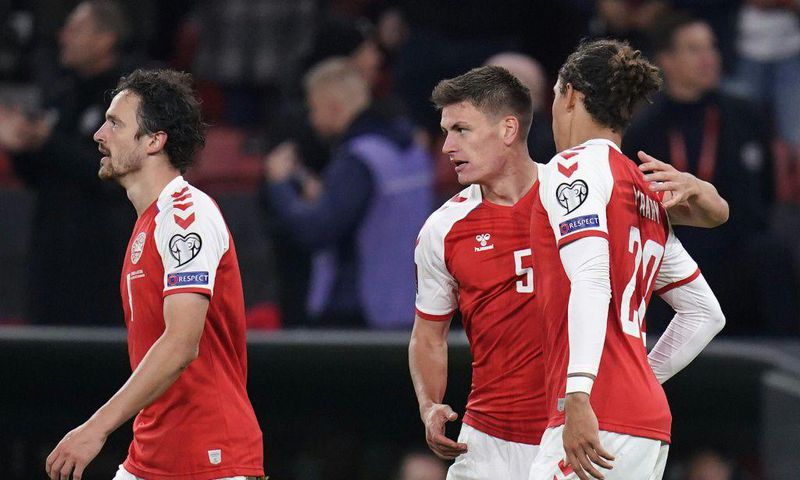 Joakim Maehle (centre) scored the crucial goal for Denmark