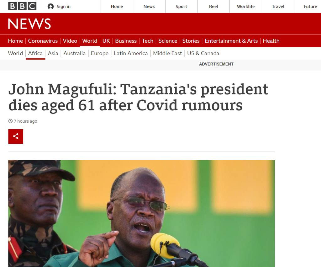 BBC reports President John Pombe Magufuli's death