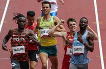 Botswana's Nijel Amos (R) wins ahead of Kenya's Michael Saruni (L) in the men's 800m heats during the Tokyo 2020 Olympic Games at the Olympic Stadium in Tokyo on July 31, 2021. (Photo by Giuseppe CACACE / AFP) (Photo by GIUSEPPE CACACE/AFP via Getty Images)
