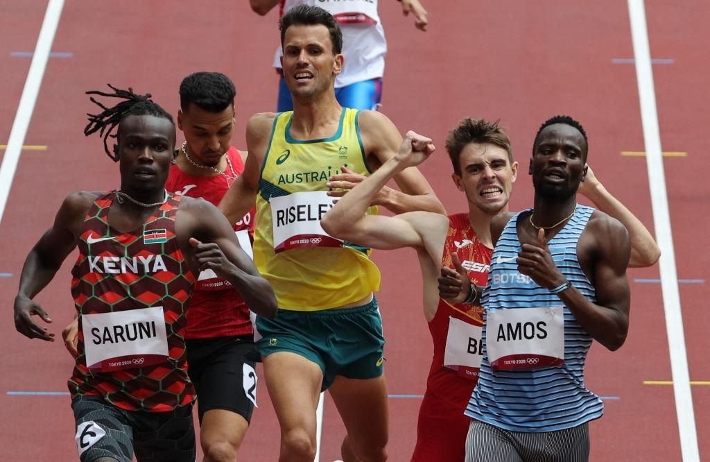 Botswana's Nijel Amos (R) wins ahead of Kenya's Michael Saruni (L) in the men's 800m heats during the Tokyo 2020 Olympic Games at the Olympic Stadium in Tokyo on July 31, 2021. (Photo by Giuseppe CACACE / AFP) (Photo by GIUSEPPE CACACE/AFP via Getty Images)