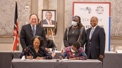 KEPSA CEO Carole Kariuki (right) and CEO of CCA Florie Liser (left) were involved in the signing of a detailed private sector agreement that seeks to expand trade and investments between Kenya and the United States of America.