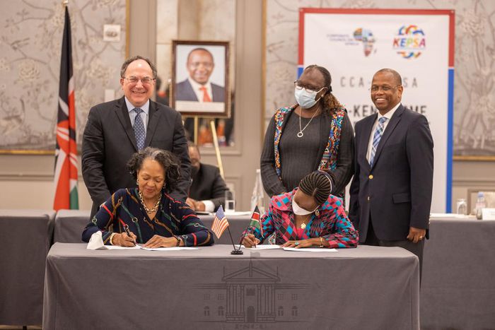 KEPSA CEO Carole Kariuki (right) and CEO of CCA Florie Liser (left) were involved in the signing of a detailed private sector agreement that seeks to expand trade and investments between Kenya and the United States of America.