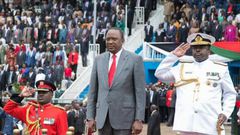 File image of President Uhuru Kenyatta leading Madaraka Day celebrations in Nyayo Stadium This year's celebrations will be held in Narok