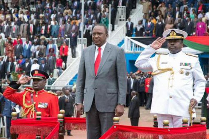 File image of President Uhuru Kenyatta leading Madaraka Day celebrations in Nyayo Stadium This year's celebrations will be held in Narok