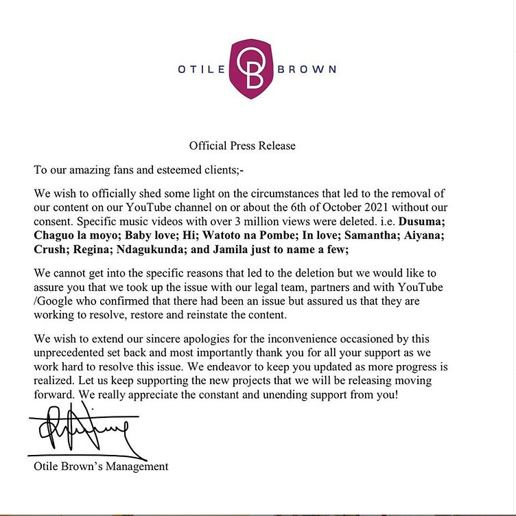 Statement from Otile Brown's Management