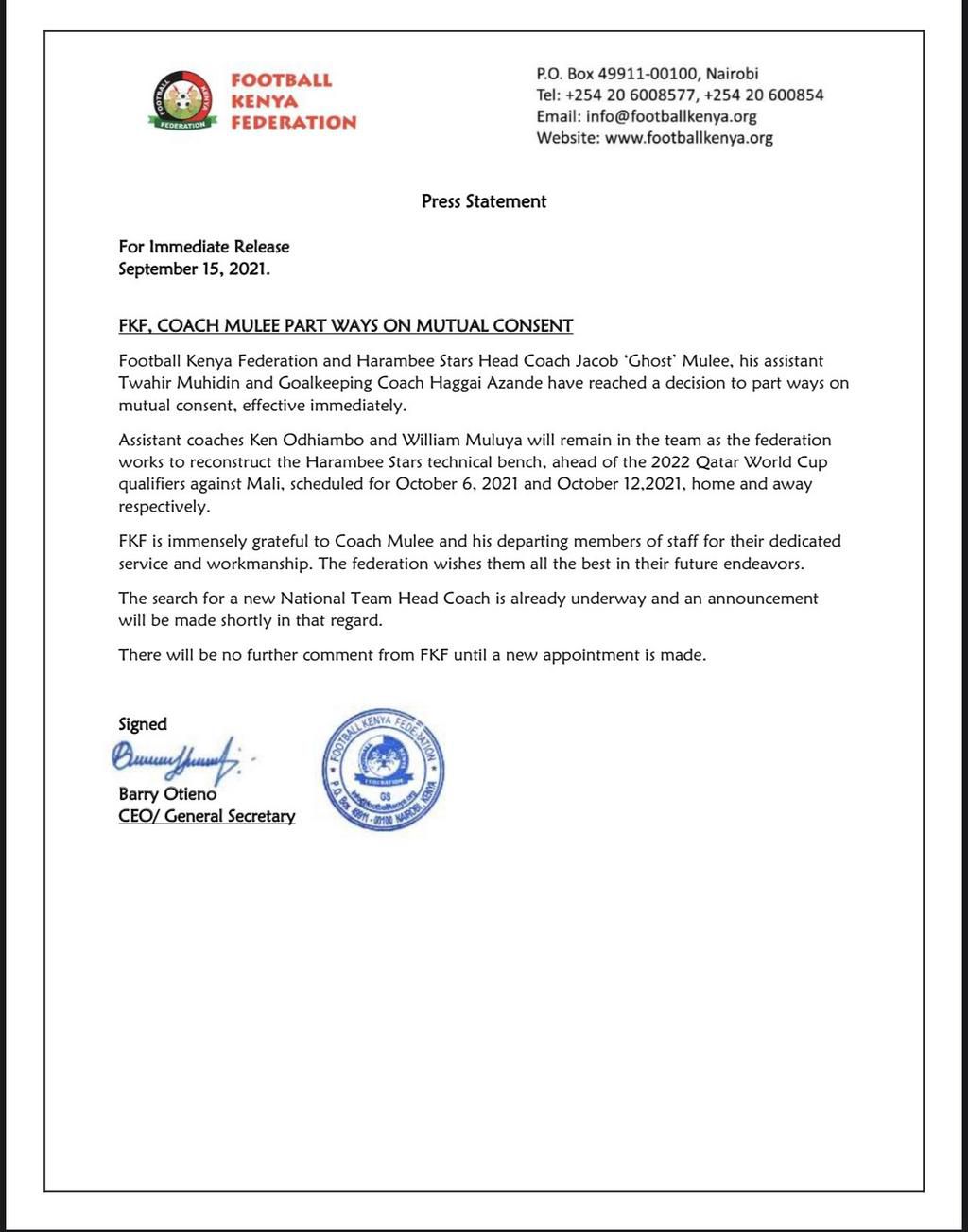 E Jacob Ghost Mulee sacked as Harambee Stars Coach after 11 Months