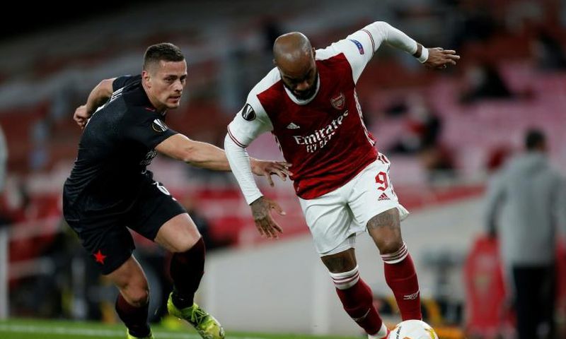 Arsenal forward Alexandre Lacazette (right) missed a glorious chance to score against Slavia Prague