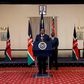 Kenya's President Uhuru Kenyatta and his Deputy William Ruto deliver a statement to members of the media at the State House in Nairobi.