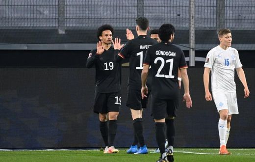 Leroy Sane (L) and goal-scorer Kai Havertz celebrate scoring for Germany in Thrusday's 3-0 win over Iceland in a World Cup qualifier