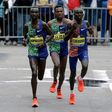 Kenneth Kipkemoi (left) of Kenya, Lelisa Desisa (centre) of Ethiopia and Lawrence Cherono (right) of Kenya take part in the 123rd Boston Marathon, on April 15, 2019, in Boston. COURTESY: AP