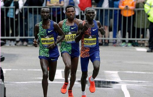 Kenneth Kipkemoi (left) of Kenya, Lelisa Desisa (centre) of Ethiopia and Lawrence Cherono (right) of Kenya take part in the 123rd Boston Marathon, on April 15, 2019, in Boston. COURTESY: AP