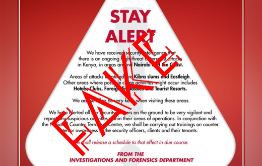 National Police Service advises Kenyans to ignore 'Stay Alert' poster on alleged terror attacks