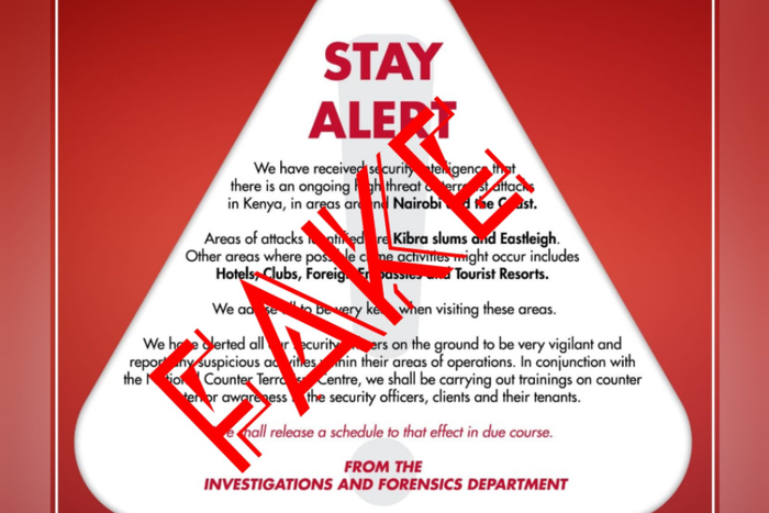National Police Service advises Kenyans to ignore 'Stay Alert' poster on alleged terror attacks