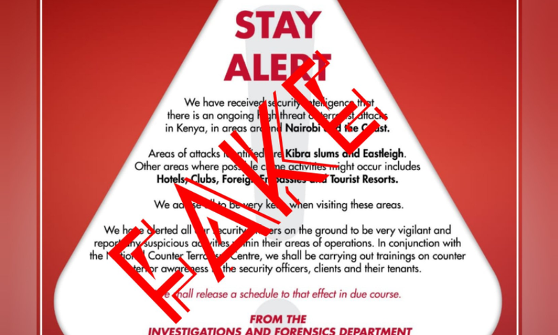 National Police Service advises Kenyans to ignore 'Stay Alert' poster on alleged terror attacks