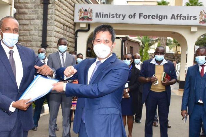 Kenya’s Foreign Affairs Principal Secretary Amb. Macharia Kamau with Chinese Ambassador to Kenya H.E. Zhou Pingjian