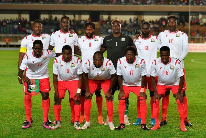 Kenya's national team starting lineup, Back FLTR: Victor, Wanyama, Stanley Okumu, Johanna Ochieng, Ian Aubery, Samuel Ouma, Michael Olunga. Front FLTR: Eric Omondi, ,Samuel Omondi, Joash Onyango, Lawrence Ochieng and Cliff Nyakeya prior to their Africa...