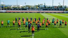 Valencia players lined up behind Mouctar Diakhaby (centre) in a show of support after he alleged he was racially abused