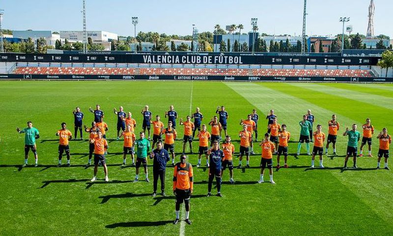 Valencia players lined up behind Mouctar Diakhaby (centre) in a show of support after he alleged he was racially abused