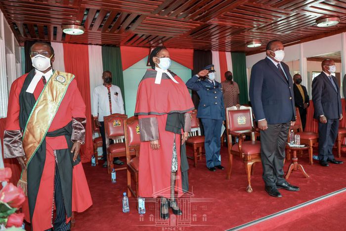President Uhuru Kenyatta with Chief Justice Martha Koome during swearing in of 34 judges