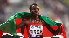 DOHA, QATAR - SEPTEMBER 28: Agnes Jebet Tirop of Kenya celebrates winning bronze in the Women's 10,000 Metres final during day two of 17th IAAF World Athletics Championships Doha 2019 at Khalifa International Stadium on September 28, 2019 in Doha, Qata...