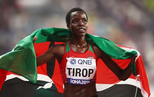 DOHA, QATAR - SEPTEMBER 28: Agnes Jebet Tirop of Kenya celebrates winning bronze in the Women's 10,000 Metres final during day two of 17th IAAF World Athletics Championships Doha 2019 at Khalifa International Stadium on September 28, 2019 in Doha, Qata...