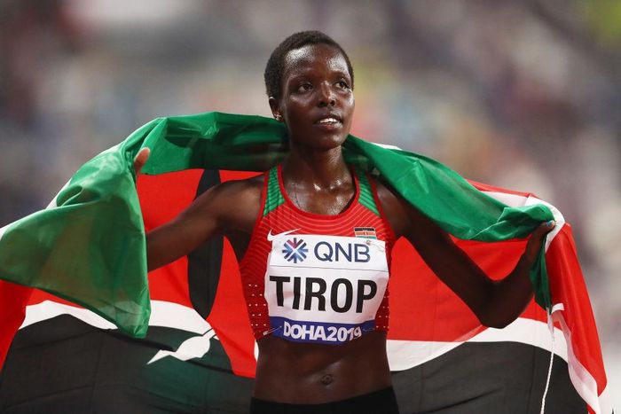 DOHA, QATAR - SEPTEMBER 28: Agnes Jebet Tirop of Kenya celebrates winning bronze in the Women's 10,000 Metres final during day two of 17th IAAF World Athletics Championships Doha 2019 at Khalifa International Stadium on September 28, 2019 in Doha, Qata...