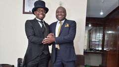 Silas Jakakimba with one of his groomsmen and fellow lawyer Donald Kipkorir during Jakakimba's wedding held at the Safari Park Hotel in Nairobi on October 16, 2021