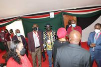 Baringo Senator Gideon Moi receives former Prime Minister Raila Odinga at the KANU national delegates conference