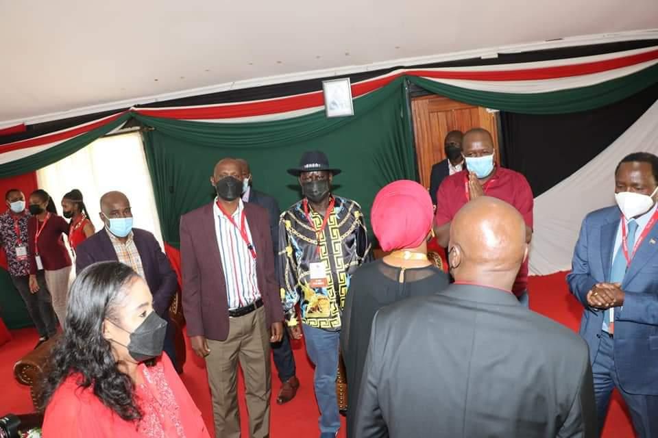 Baringo Senator Gideon Moi receives former Prime Minister Raila Odinga at the KANU national delegates conference