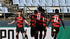 Pohang Steelers' Lee Seung-mo celebrates scoring against
Nagoya Grampus