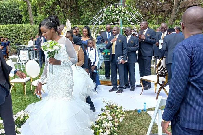 Silas Jakakimba and his bride Florence during their wedding held at the Safari Park Hotel in Nairobi on October 16, 2021