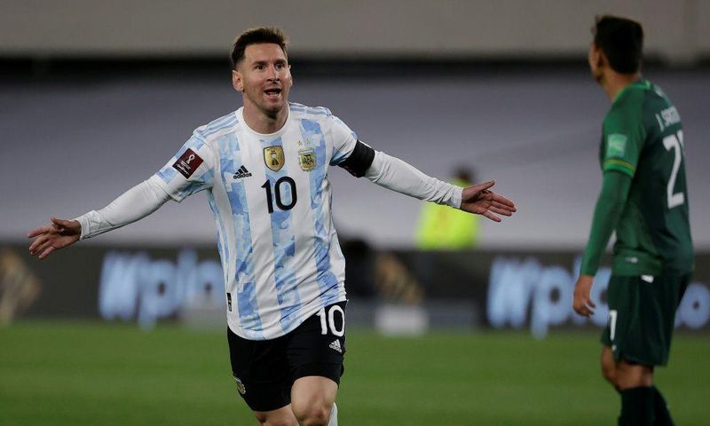Argentina's Lionel Messi celebrates after scoring against Bolivia in a World Cup qualifier on Thursday