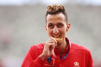 TOKYO, JAPAN - AUGUST 03: Soufiane El Bakkali of Team Morocco poses with the gold medal for the Men's 3000m Steeplechase on day eleven of the Tokyo 2020 Olympic Games at Olympic Stadium on August 03, 2021 in Tokyo, Japan. (Photo by Cameron Spencer/Getty Images)