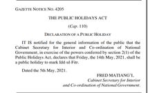Friday 14th Declared a Public Holiday