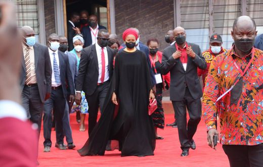 KANU Chairman and party leader, Baringo Senator Gideon Moi with his wife Zahra arrive for the KANU national delegates conference on September 30, 2021