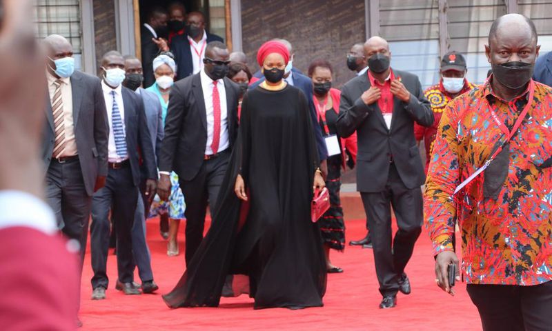 KANU Chairman and party leader, Baringo Senator Gideon Moi with his wife Zahra arrive for the KANU national delegates conference on September 30, 2021
