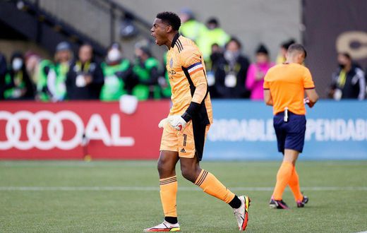 New York City goalkeeper Sean Johnson reacts after one of two penalty shoot-out saves in New York City's MLS Cup win over Portland