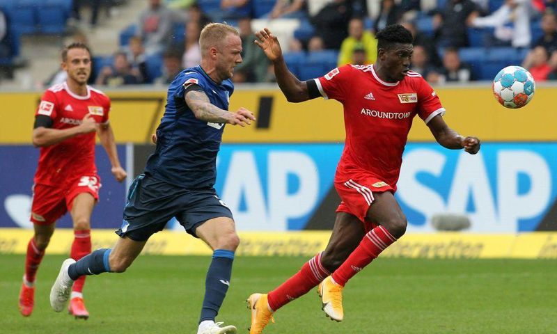 Union Berlin striker Taiwo Awoniyi (R) scored the equaliser in Sunday's 2-2 draw at Hoffenheim