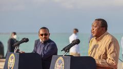 President Uhuru Kenyatta and Ethiopia Prime Minister Abiy Ahmed address the media shortly after inspecting projects at the Lamu Port on December 9, 2020
