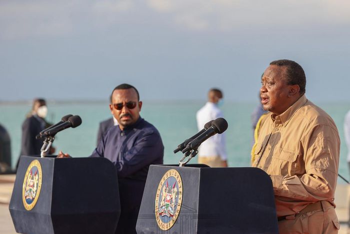 President Uhuru Kenyatta and Ethiopia Prime Minister Abiy Ahmed address the media shortly after inspecting projects at the Lamu Port on December 9, 2020