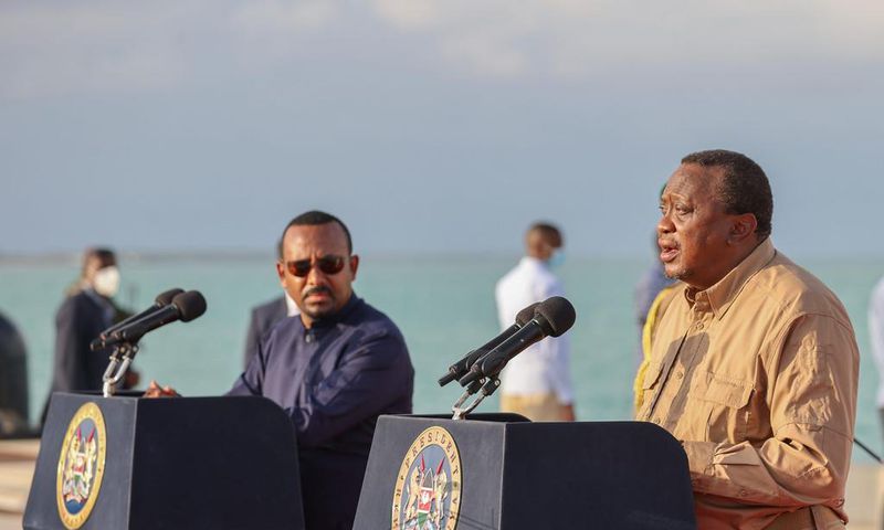 President Uhuru Kenyatta and Ethiopia Prime Minister Abiy Ahmed address the media shortly after inspecting projects at the Lamu Port on December 9, 2020