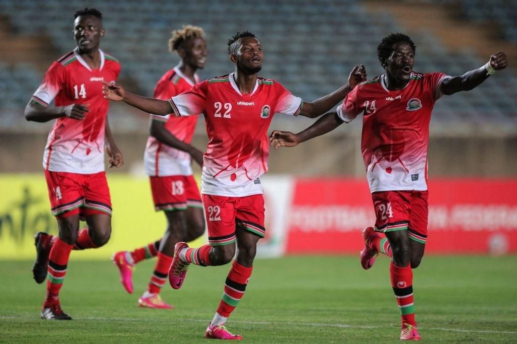 Kenya's defender Abdalla Hassan (2ndR) celebrates with teammates after scoring during Cameroon 2021 Africa Cup of Nations qualification Group G football match between Kenya and Egypt at the Kasarani Stadium in Nairobi, on March 25, 2021. (Photo by Kelly AYODI / AFP) (Photo by KELLY AYODI/AFP via Getty Images)