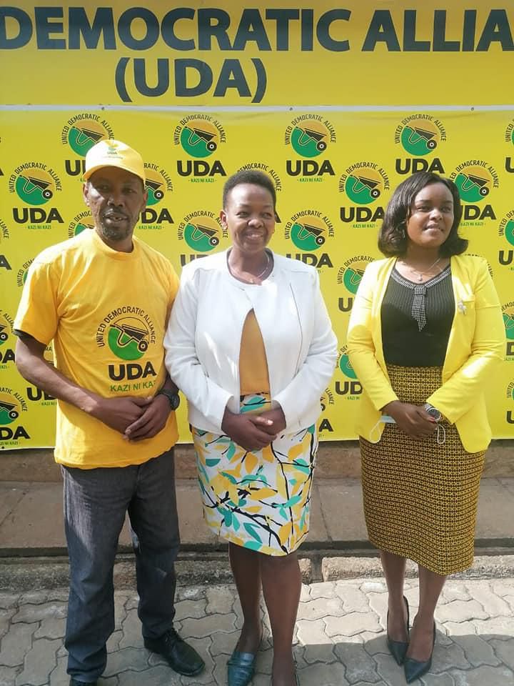 UDA Secretary General Veronica Maina receives Comedian Joseph Kinuthia, better known as Omosh at the party's headquarters.