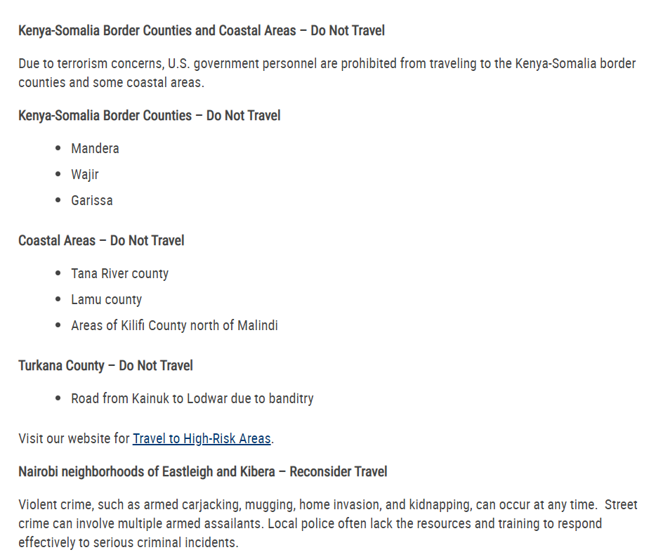 US warns citizens against travelling to Kenya