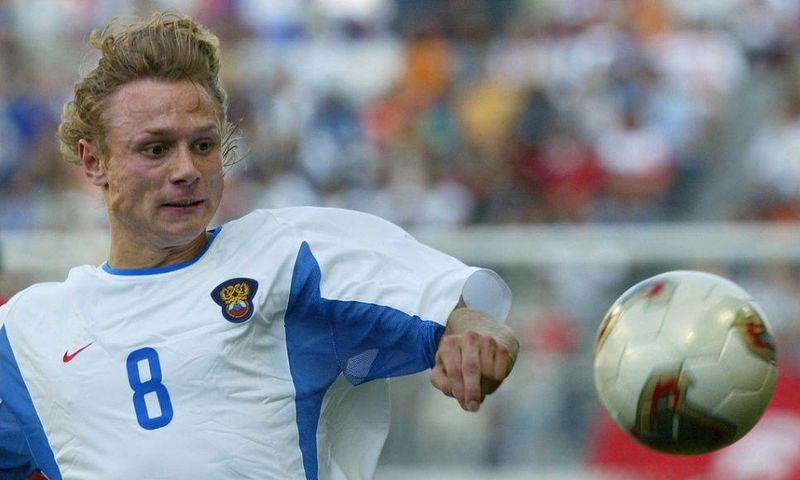Valery Karpin playing for Russia against Tunisia in Kobe at 2002 World Cup in Kobe, Japan. He scored the second goal in a 2-0 victory