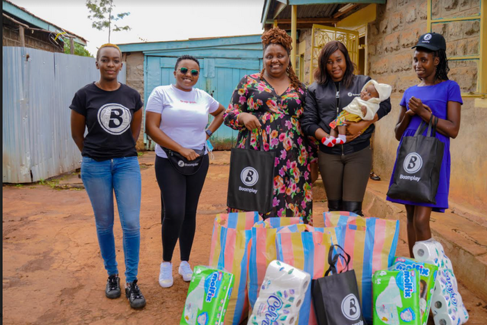 (L to R) Camilla Owora, PR Manager Boomplay, Elizabeth Karuru, Content Acquisition Manager Boomplay, Njeri Migwi, Executive Director, Usikimye, Martha Huro Managing Director EA Boomplay and Terry, House Manager Usikimye are all smiles during the handov...